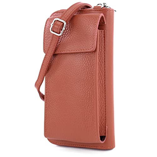 modamoda de - P06 - ital. Damen Umhängetasche Geldbörse Handytasche Leder, Farbe:Cognac Dunkel von modamoda de