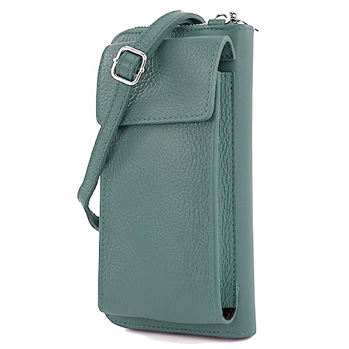 modamoda de - P06 - ital. Damen Umhängetasche Geldbörse Handytasche Leder, Farbe:Ocean Grey von modamoda de