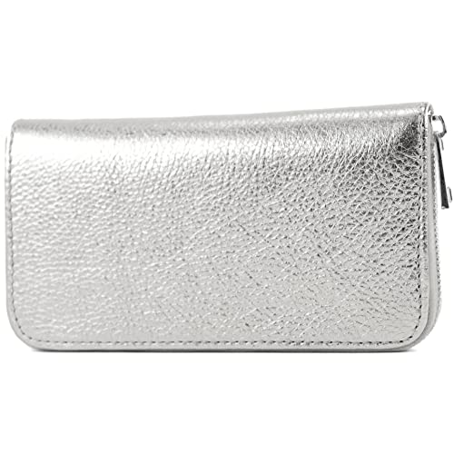 modamoda de SILBER-P02 Damen Leder Geldbörse Portemonnaie lang Handmade in Italy, Farbe:Silber-Metallic von modamoda de
