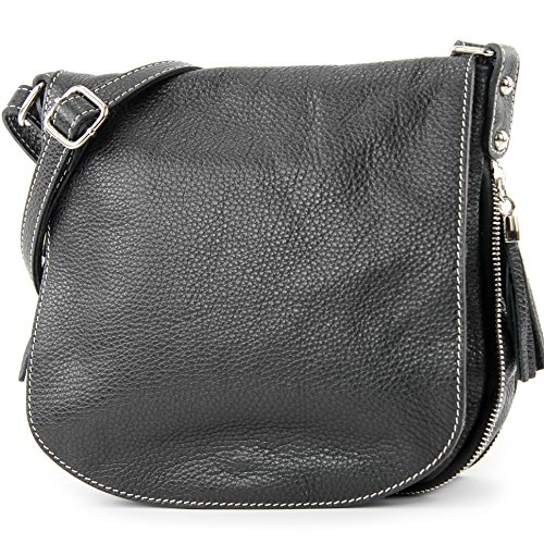 modamoda de - T06 - ital Messenger Umhängetasche aus Leder, Farbe:Schwarz von modamoda de