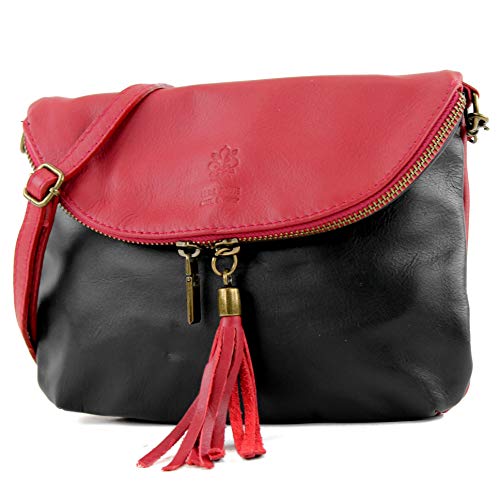 modamoda de - T07 - ital. Umhänge Clutch Klein Nappaleder, Farbe:Schwarz/Dunkelrot von modamoda de