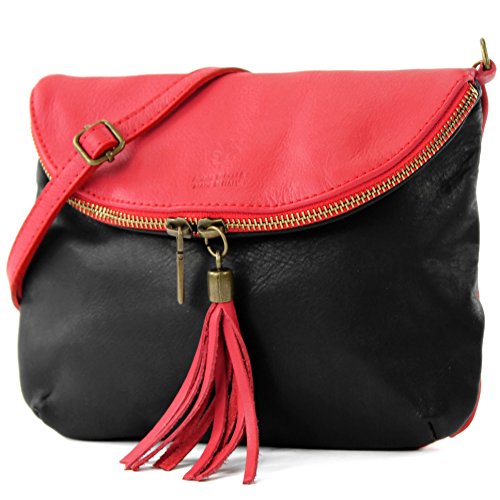 modamoda de - T07 - ital. Umhänge Clutch Klein Nappaleder, Farbe:Schwarz/Rot von modamoda de