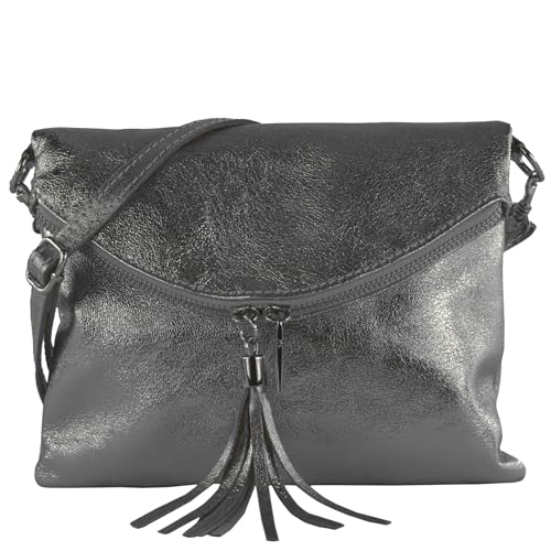 modamoda de T07L / T139L Damen Leder kleine Umhängetasche 2 Modelle handmade in Italy, Farbe:T139L Anthrazit-Metallic von modamoda de
