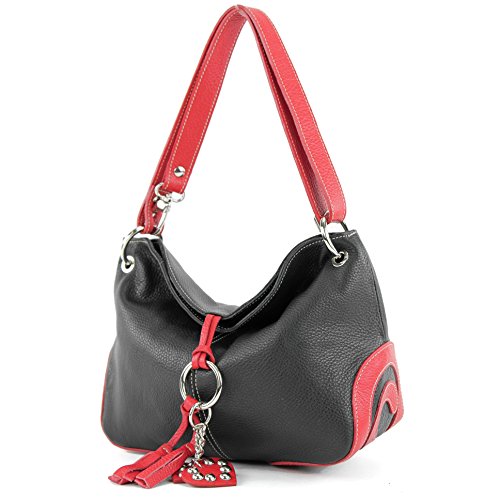 modamoda de - T10 - ital. Schultertasche Umhängetasche aus Leder, Farbe:Schwarz/Rot von modamoda de