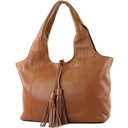 modamoda de - T105 - ital. Schultertasche Groß aus Leder, Farbe:Cognac von modamoda de