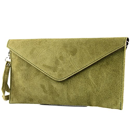 modamoda de - T106 - ital. Clutch Abendtasche aus Wildleder, Farbe:Olivgrün von modamoda de