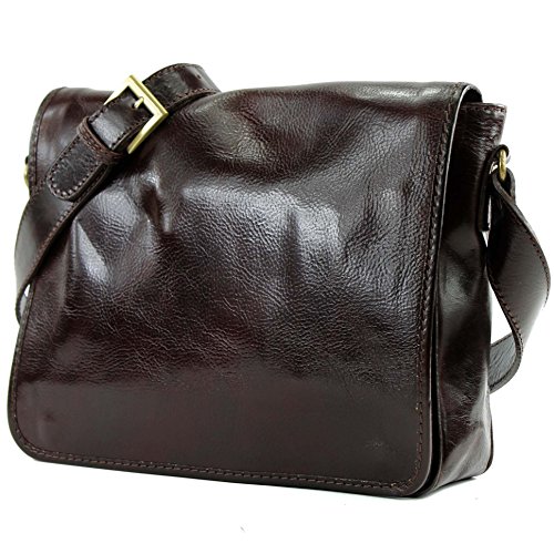 modamoda de T110 Herren Unisex Leder Messenger bag Umhängetasche handmade in Italy,Farbe: Dunkelbraun Medium von modamoda de