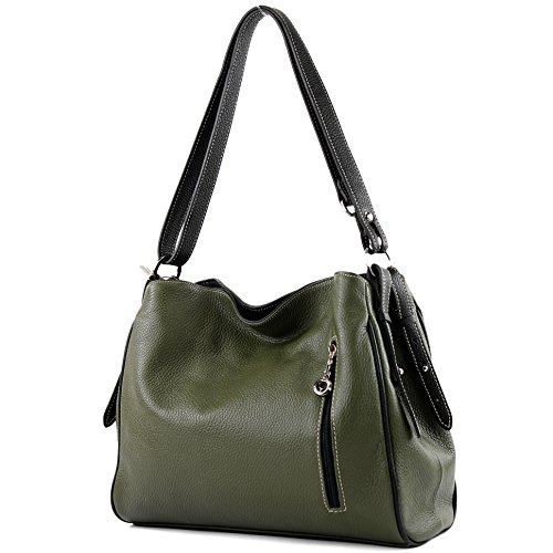 modamoda de - T119 - ital Schultertasche Umhängetasche aus Leder, Farbe:Armeegrün/Schwarz von modamoda de