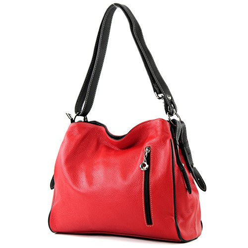 modamoda de - T119 - ital Schultertasche Umhängetasche aus Leder, Farbe:Rot/Schwarz von modamoda de