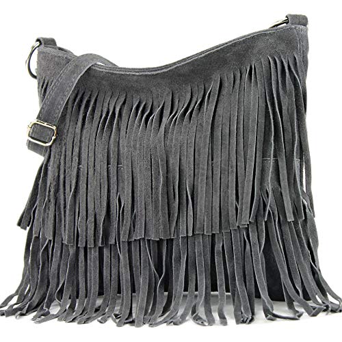 modamoda de T125 Damen Leder Wildleder Schultertasche Umhängetasche handmade in Italy, Farbe:Anthrazitgrau von modamoda de