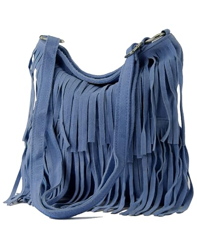 modamoda de T125 Damen Leder Wildleder Schultertasche Umhängetasche handmade in Italy, Farbe:Jeansblau von modamoda de
