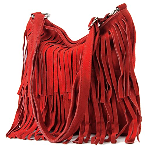 modamoda de T125 Damen Leder Wildleder Schultertasche Umhängetasche handmade in Italy, Farbe:Rot2021 von modamoda de