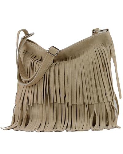 modamoda de T125 Damen Leder Wildleder Schultertasche Umhängetasche handmade in Italy, Farbe:Sandfarben2021 von modamoda de