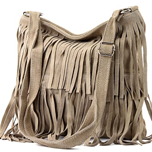 modamoda de T125 Damen Leder Wildleder Schultertasche Umhängetasche handmade in Italy, Farbe:Stone von modamoda de