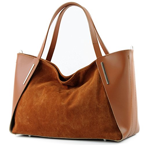 modamoda de - T126 - ital. Shopper Tragetasche Leder/Wildleder, Farbe:Cognac von modamoda de