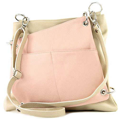 modamoda de - T140 - ital Messengertasche Umhängetasche 2in1 Leder, Farbe:Cremebeige/Rosa von modamoda de