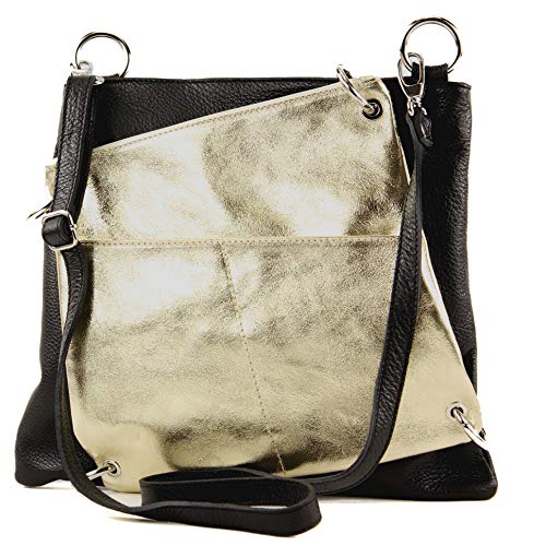 modamoda de - T140 - ital Messengertasche Umhängetasche 2in1 Leder, Farbe:Schwarz/Gold von modamoda de