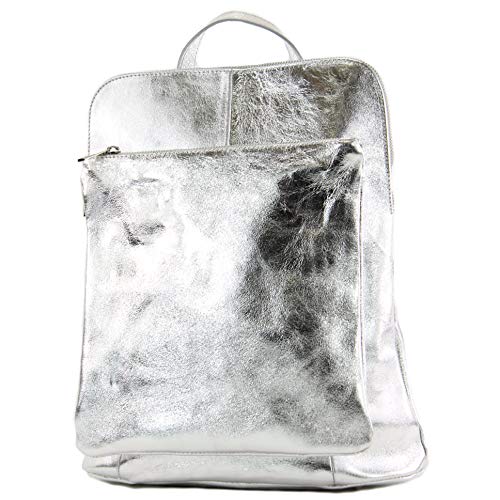 modamoda de - T141 - ital Damen Rucksacktasche 3in1 aus Leder, Farbe:Silber-Metallic von modamoda de