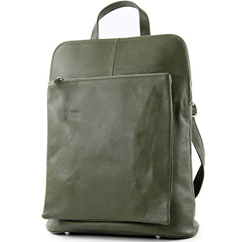 modamoda de - T141 - ital Damen Rucksacktasche 3in1 aus Leder, Farbe:Olive von modamoda de