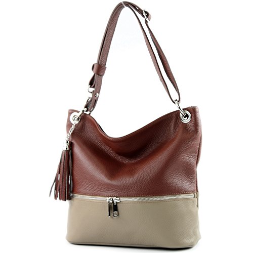 modamoda de - T143 - ital. Leder Schultertasche Umhängetasche, Farbe:Braun/Taupe2021 von modamoda de