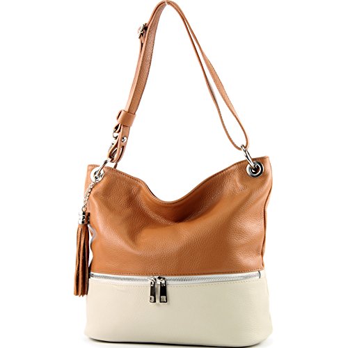 modamoda de - T143 - ital. Leder Schultertasche Umhängetasche, Farbe:Camel/Creme von modamoda de