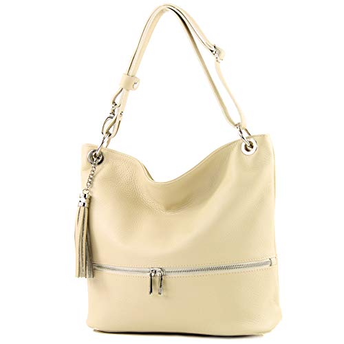 modamoda de - T143 - ital. Leder Schultertasche Umhängetasche, Farbe:Cremebeige von modamoda de