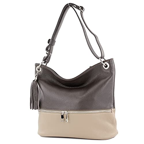 modamoda de - T143 - ital. Leder Schultertasche Umhängetasche, Farbe:Dark Chocolate/Taupe von modamoda de