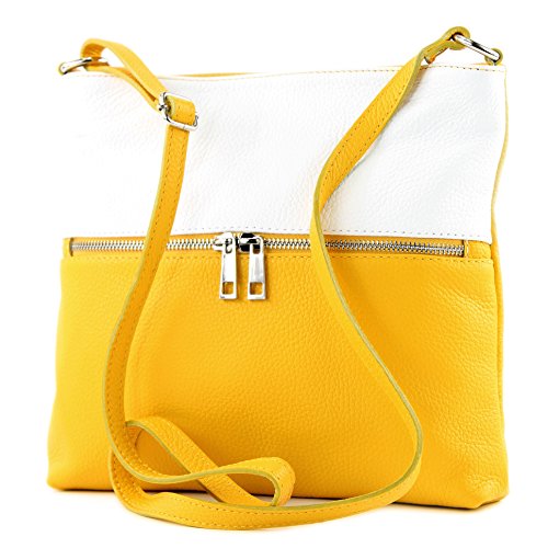 modamoda de T144 Damen Leder Umhängetasche Schultertasche Messenger bag handmade in Italy, Farbe:Gelb/Weiß von modamoda de