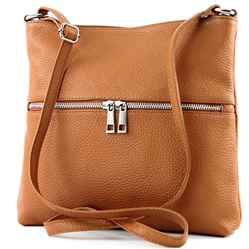 modamoda de - T144 - ital Umhängetasche Schultertasche aus Leder, Farbe:Camel2021 von modamoda de