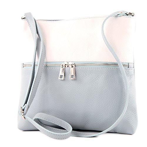 modamoda de - T144 - ital Umhängetasche Schultertasche aus Leder, Farbe:Eisblau/Weiß von modamoda de