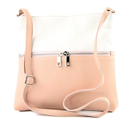 modamoda de - T144 - ital Umhängetasche Schultertasche aus Leder, Farbe:Pastellrosa/Weiß von modamoda de