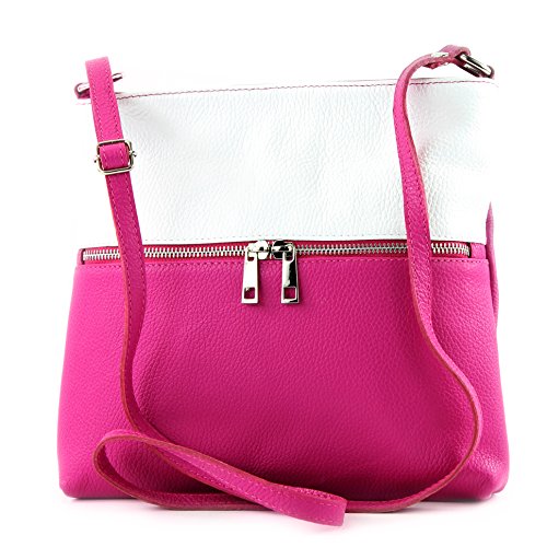 modamoda de - T144 - ital Umhängetasche Schultertasche aus Leder, Farbe:Pink/Weiß2021 von modamoda de