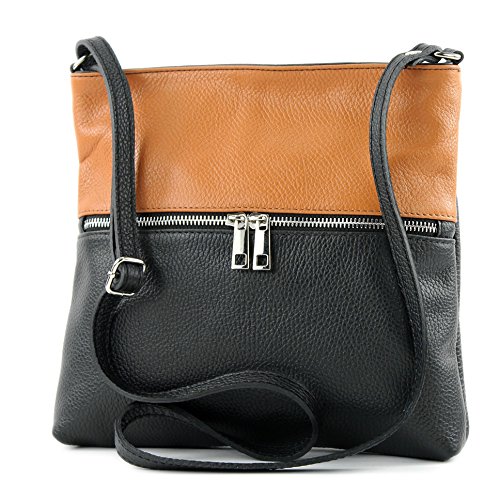 modamoda de - T144 - ital Umhängetasche Schultertasche aus Leder, Farbe:Schwarz/Camel von modamoda de