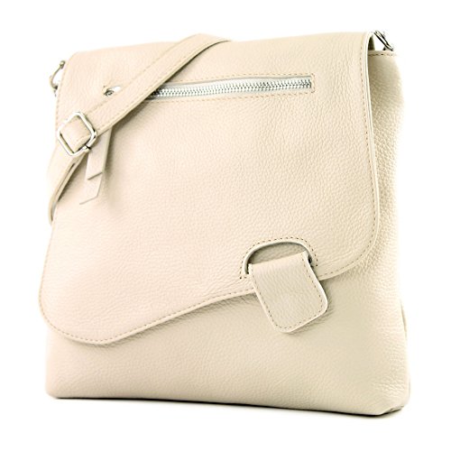 modamoda de - T146 - ital Messengertasche Umhängetasche aus Leder, Farbe:Creme2021 von modamoda de