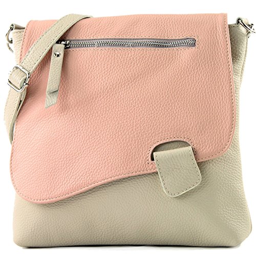 modamoda de - T146 - ital Messengertasche Umhängetasche aus Leder, Farbe:Cremebeige/Rosa von modamoda de