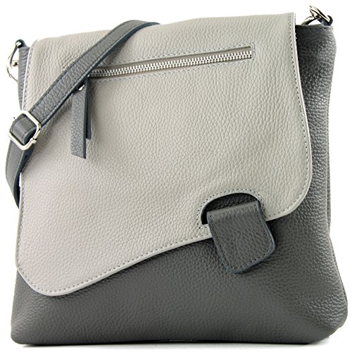 modamoda de - T146 - ital Messengertasche Umhängetasche aus Leder, Farbe:Dunkelgrau/Grau2021 von modamoda de