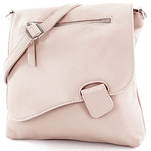 modamoda de - T146 - ital Messengertasche Umhängetasche aus Leder, Farbe:Rosabeige von modamoda de