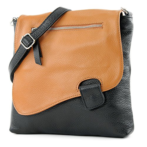 modamoda de - T146 - ital Messengertasche Umhängetasche aus Leder, Farbe:Schwarz/Camel2021 von modamoda de