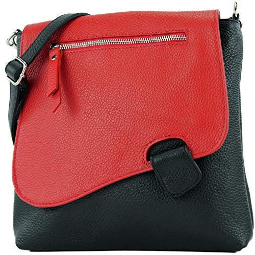 modamoda de - T146 - ital Messengertasche Umhängetasche aus Leder, Farbe:Schwarz/Rot von modamoda de