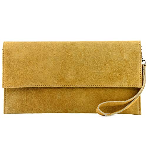 modamoda de - T151/M151 - ital. Clutch Wildleder/Leder Metallic, Farbe:Senfgelb von modamoda de