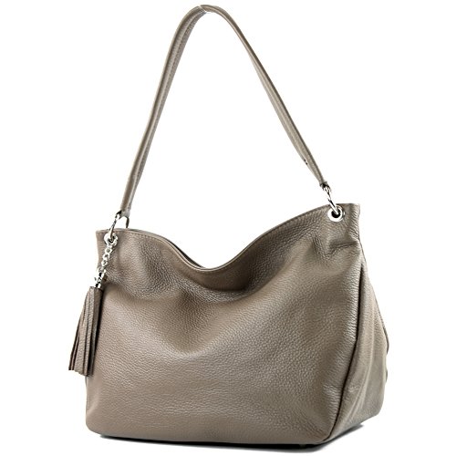 modamoda de - T154 - ital Schultertasche Umhängetasche aus Leder, Farbe:Taupe von modamoda de