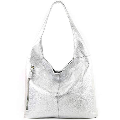 modamoda de - T155 - Shopper Schultertasche Large aus ital. Leder, Farbe:Silber von modamoda de