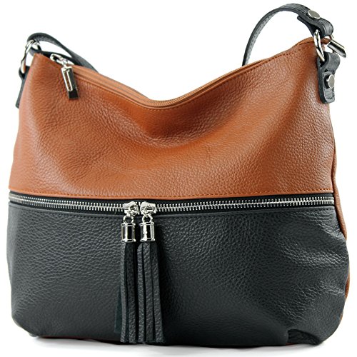 modamoda de - T159 - ital Umhängetasche Schultertasche aus Leder, Farbe:Cognac/Schwarz von modamoda de