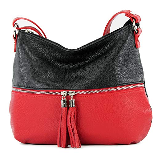 modamoda de - T159 - ital Umhängetasche Schultertasche aus Leder, Farbe:Schwarz/Rot von modamoda de