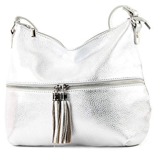 modamoda de - T159 - ital Umhängetasche Schultertasche aus Leder, Farbe:Silber von modamoda de