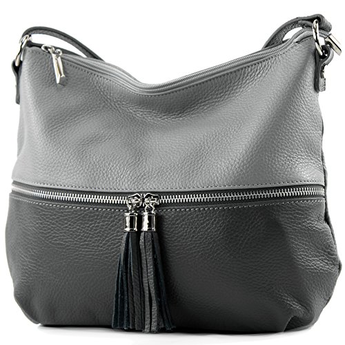 modamoda de - T159 - ital Umhängetasche Schultertasche aus Leder, Farbe:Grau/Dunkelgrau von modamoda de