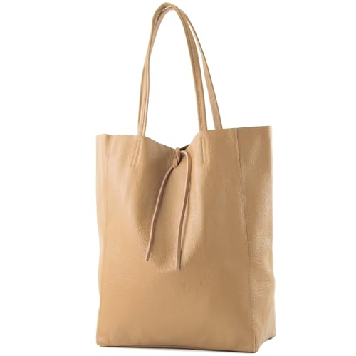 modamoda de - T163 - Ital. Shopper Large mit Innentasche aus Leder, Farbe:Beige von modamoda de