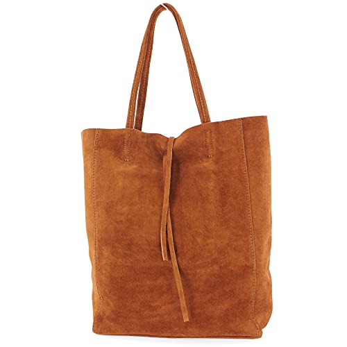 modamoda de - T163 - Ital. Shopper Large mit Innentasche aus Leder, Farbe:Cognac Dunkel Wildleder von modamoda de