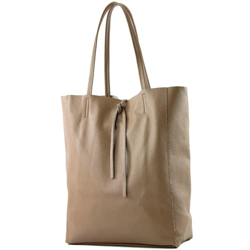 modamoda de T163 Damen Leder Shopper Schultertasche Large mit Innentasche handmade in Italy, Farbe:Graubeige2021 von modamoda de