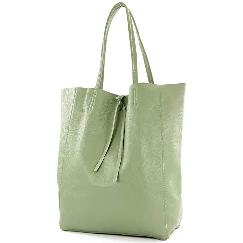 modamoda de T163 Damen Leder Shopper Schultertasche Large mit Innentasche handmade in Italy, Farbe:Graugrün von modamoda de